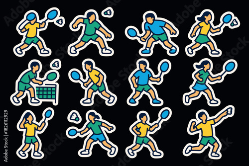 Dynamic tennis player stickers in bright cartoon style on black background