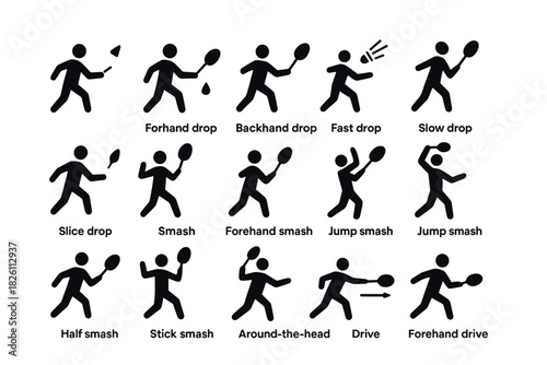 Tennis moves symbols: comprehensive black silhouette set for racket sports
