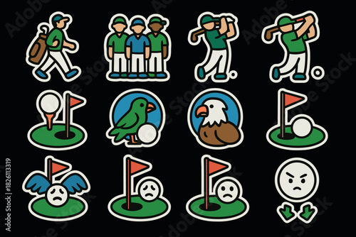 Golf sticker set featuring cartoon style characters and icons for sports enthusiasts
