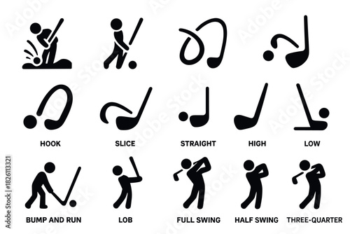 Golf swing icons: flat style set illustrating various shots and techniques