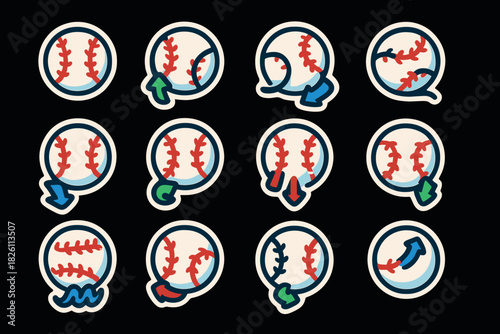 Baseball sticker set with iconic styles and dynamic motion graphic elements