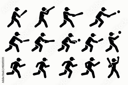 Silhouette icons: baseball player actions in various poses for sports design