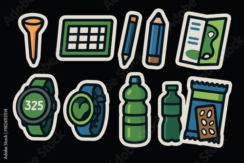 Golf essentials set with modern icons for sports enthusiasts