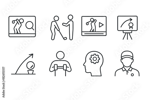 Linear golf coaching icons: training, technique, and improvement symbol pack