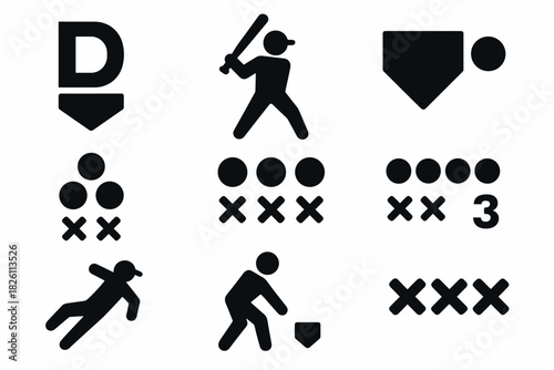 Minimalist baseball icons set featuring players, equipment, and score symbols