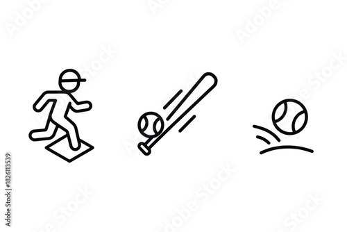 Minimalist baseball icons: player, ball, and bat in linear style