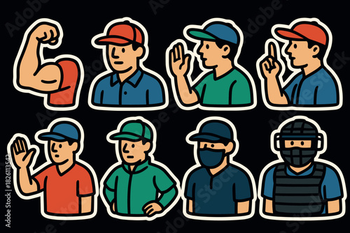 Colorful baseball characters depicting various poses and actions in detailed cartoon style