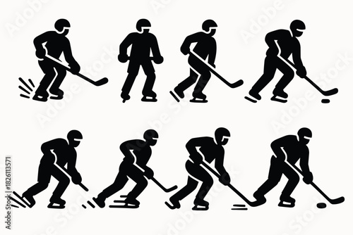Ice hockey silhouette set: dynamic poses of players skating and handling puck