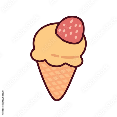 A vanilla ice cream cone topped with a fresh whole strawberry. A classic frozen dessert served in a crispy waffle horn, perfect for hot summer days.