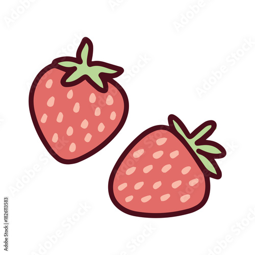 Two fresh red strawberries with green leaves. Juicy and ripe garden berries rich in vitamins, representing healthy eating and summer freshness.