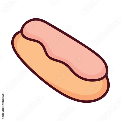 A long eclair pastry covered in sweet pink strawberry glaze. A delicious French bakery dessert or cream puff treat ideal for coffee breaks.