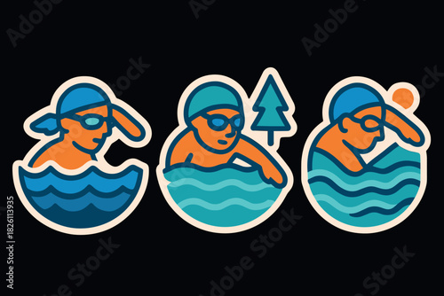 Summer swimming stickers: retro style icons for outdoor and water sport enthusiasts