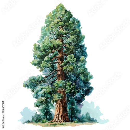 Sequoia Tree in watercolor painting style, vector illustration on white background.