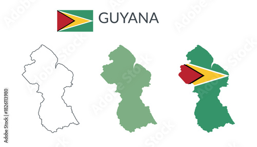 Guyana geographical borders isolated on white background. Flag of Guyana. Vector flat cliparts.