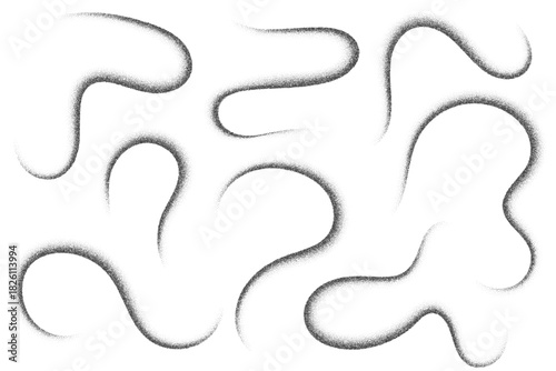 Grainy pattern of dots in wavy lines isolated on white background. Noisy abstract sand brush strokes. Vector black stipple shapes. Dusty paint brush strokes. Grunge fluid splashes