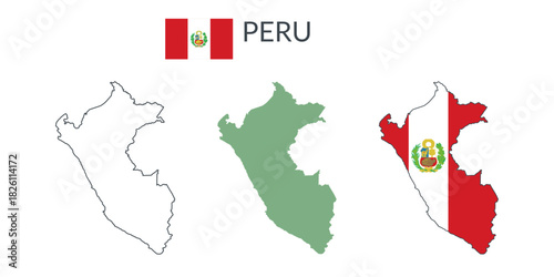 Peru geographical borders isolated on white background. Flag of Peru. Vector flat cliparts.