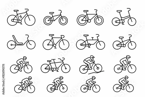 Collection of minimalist bicycle icons featuring various styles and cycling poses