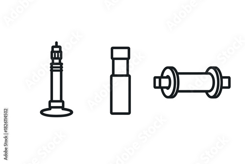 Outline set of bicycle parts including valve stem, spoke nipple, and hub axle
