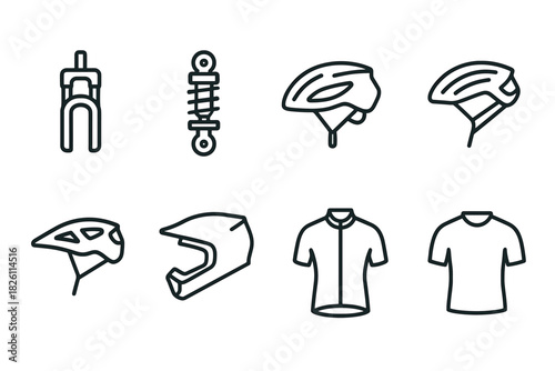 Cycling gear icons: helmet, suspension, and apparel in minimalist linear design