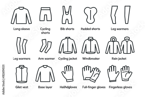 Cycling apparel icons: essential gear for every ride in line art style