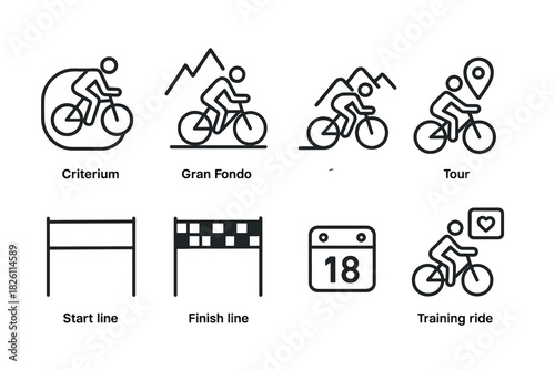 Cycling event icons: criterium, gran fondo, tour, training in linear style