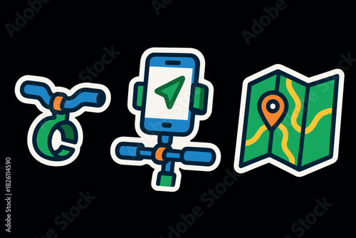 Bicycle navigation stickers: gps and map icons for cycling enthusiasts