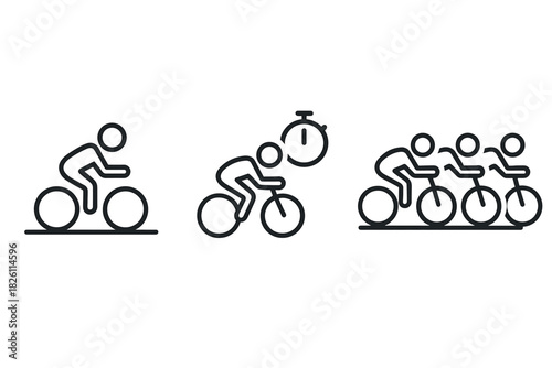 Cycling icons: individual, time trial, and group cyclists in minimalist style