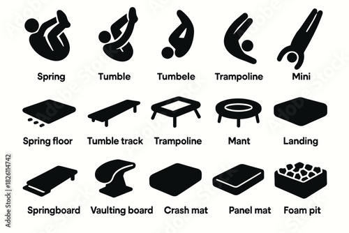 Gymnastics equipment icons: silhouettes of trampolines, springboard, foam pit, and mats