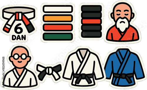 Martial arts icons: belt colors and traditional attire in modern flat design