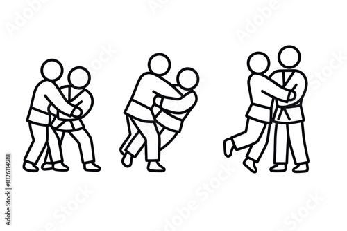 Martial art figures in linear style performing judo throws and techniques