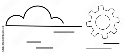 Minimalist cloud and gear with dynamic lines emphasizing concepts of technology, innovation, and progress. Ideal for cloud computing, engineering, data, development, teamwork, workflow simple flat
