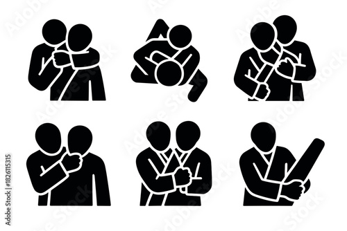Silhouette icons of people embracing and social interactions in simple black style