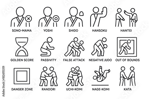 Karate and judo line icons set: techniques and rules explained with minimalist symbols
