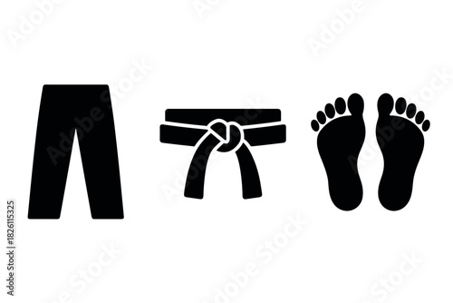 Martial arts icons: pants, belt, and feet silhouettes for sport design