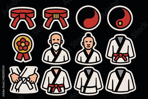 Traditional martial arts icons featuring belts, masters, and training gear in bold outline style