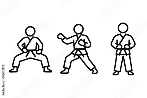 Minimalist line art karate figures in different poses for martial arts concepts