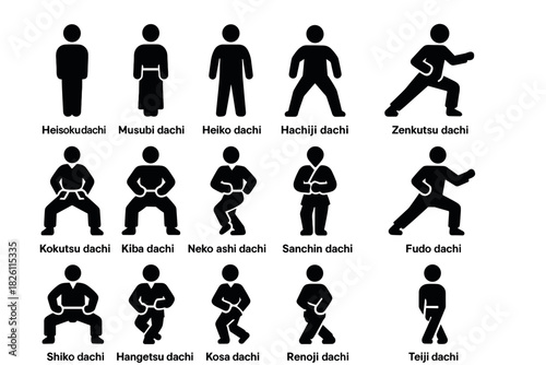 Martial arts poses: silhouette icons of karate stances with names