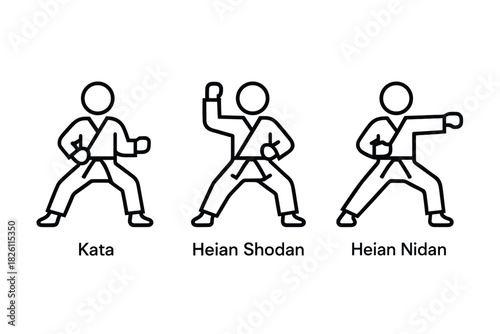 Minimalist line art karate poses with various kata positions