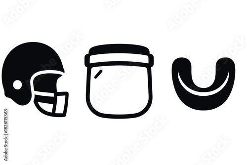 Essential american football gear icons: helmet, face shield, mouth guard in bold black silhouette