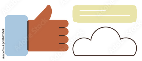 Hand delivering thumbs up beside outlined cloud and text box with two lines. Ideal for approval, success, communication, feedback, online service, concept sharing, positivity. Simple flat metaphor