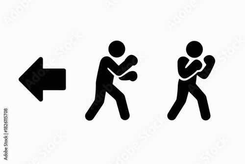 Boxing icon set with arrow and walking figures in silhouette style
