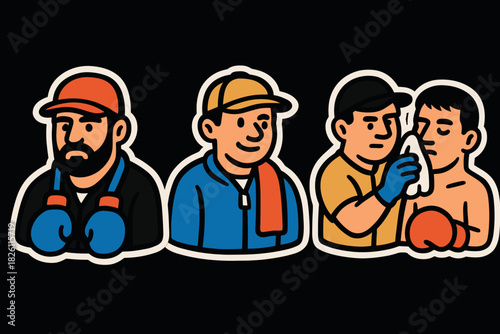 Cartoon boxing icons: boxer, trainer, and coach in vibrant colors