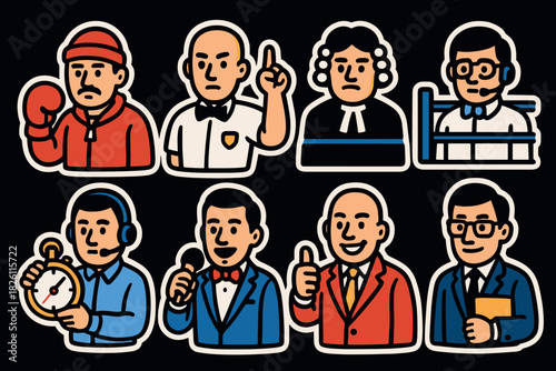 Colorful cartoon icons of diverse professions with bold outlined styles