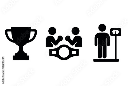 Boxing champion icon set: trophy, fighters, belt, and scales in minimalist design