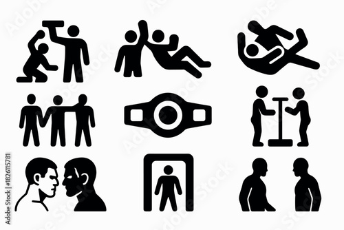 Silhouette icons of wrestling and combat actions with trophy belt