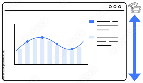 Line graph with data points and bar chart within a browser window, representing market trends. Ideal for analytics, finance, growth, strategy, business planning, performance tracking, simple flat