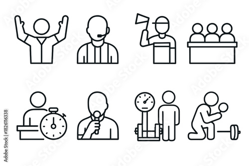 Minimalist icon set depicting business and sports activities in linear style