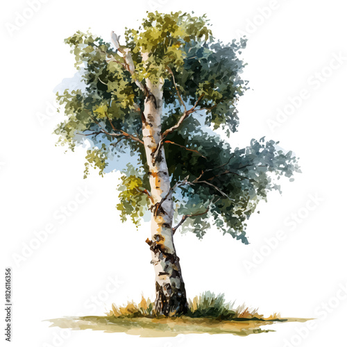 Silver Birch Tree, watercolor illustration, vector style, isolated on a white background.