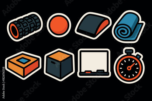 Flat fitness icons set: foam roller, yoga mat, stopwatch, exercise blocks, whiteboard
