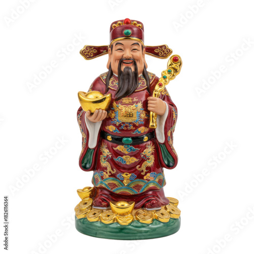 Traditional Chinese God of Wealth Statue Richly Decorated and Holding Symbols of Prosperity